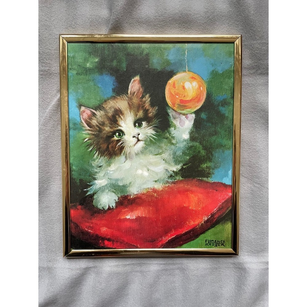 Florence Kroger Christmas Kitten and Yarn  8x10 Print Gold Frame